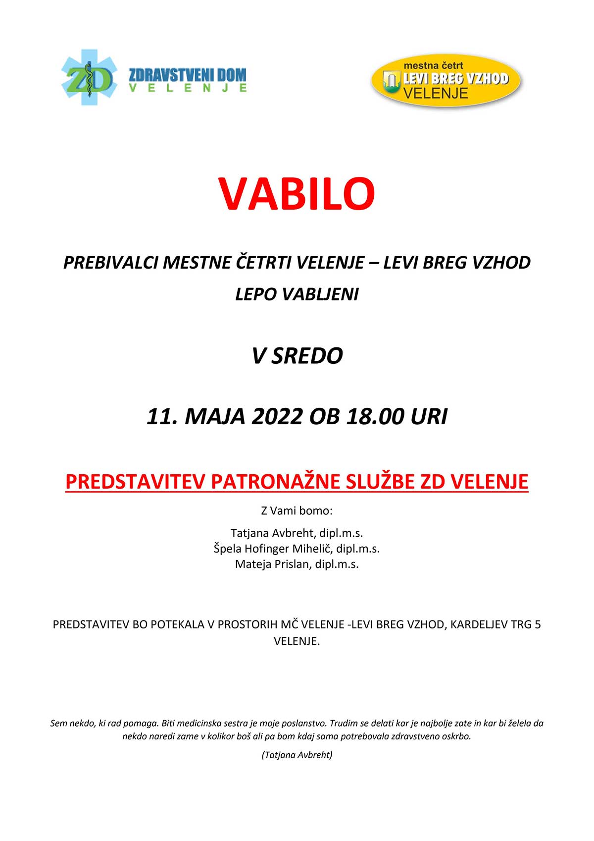 Vabilo na predavanje | Predstavitev patronažne službe ZD Velenje