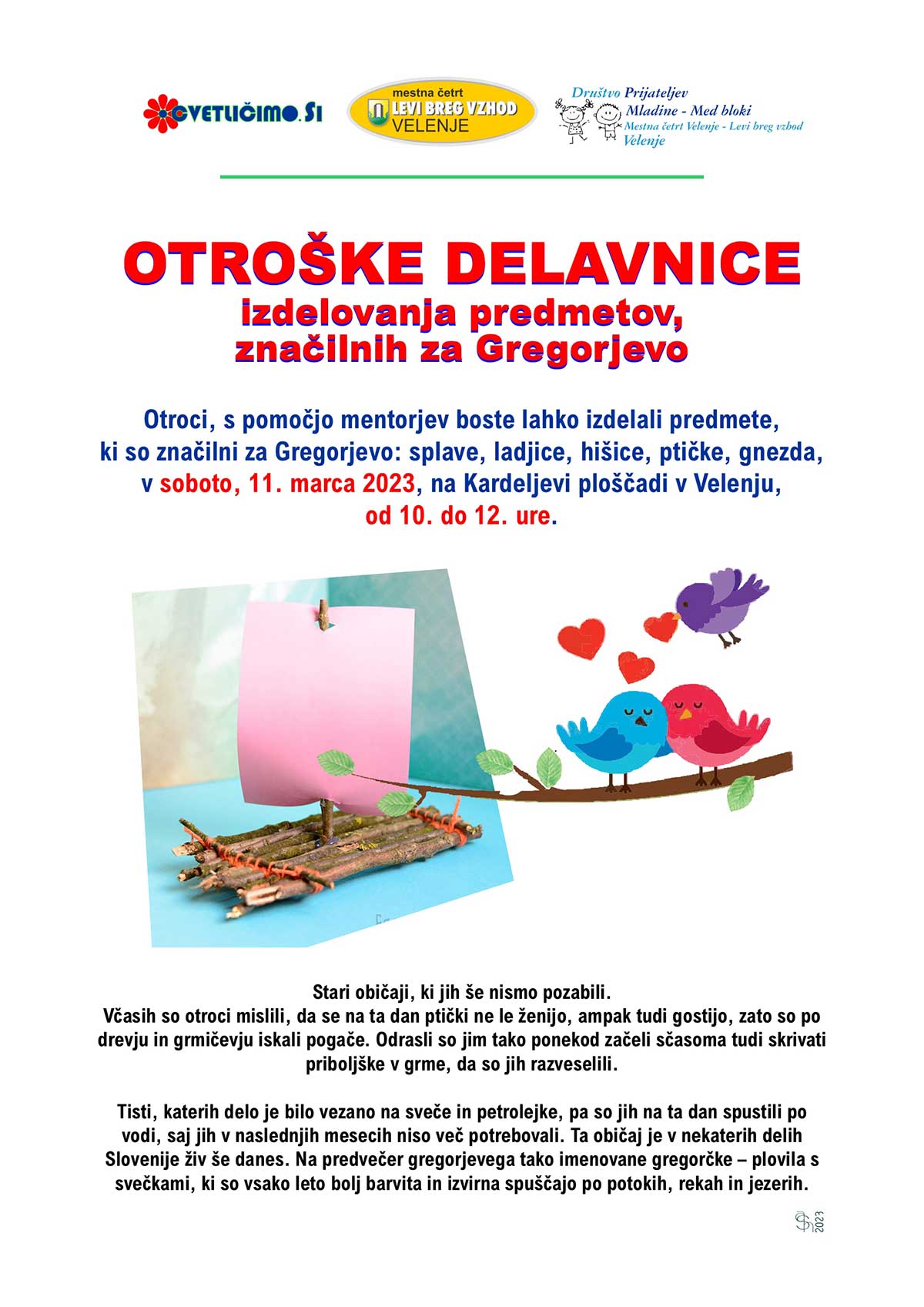 Vabilo na otroške delavnice izdelovanja predmetov, ki so značilni za Gregorjevo (2023)