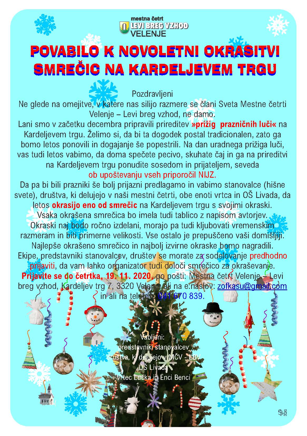 Povabilo k okrasitvi smrekic na Kardeljevem trgu 2020